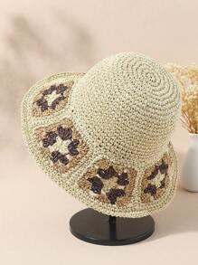 LEAJOURNO. 1頂日式風格花朵草編復古空心邊織造遮陽帽,適用於夏天沙灘 - 棕色 - 查看 7