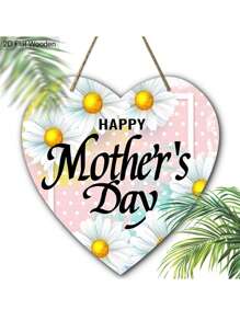 1 szt. w kształcie serca, drewniany wiszący znak na Dzień Matki, 2D płaski nadruk, dekoracyjny znak z białą stokrotką, przemyślany prezent dla matki, świąteczna dekoracja na Dzień Matki