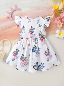 3 件套休闲优雅甜美可爱幼儿女童连衣裙，柔软舒适，蝴蝶结装饰花卉印花针织罗纹圆领荷叶边下摆连衣裙 - 彩色 - 查看 10
