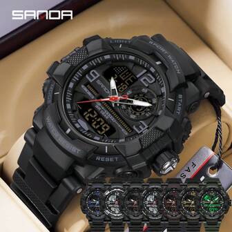  SANDA 男士手表数字石英军用运动腕表顶级品牌奢华多功能闹钟日期星期秒表 EL 灯功能防水电子 LED 原装男士时钟礼物
