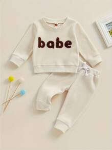 Baby Boys Outfits Newborn Letter Embroidery Round Neck Shirt And Drawstring Pants Waffle Set Infant Pants Suits