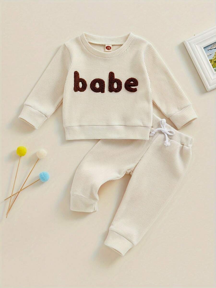 Baby Boys Outfits Newborn Letter Embroidery Round Neck Shirt And Drawstring Pants Waffle Set Infant Pants Suits