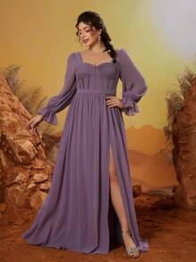 Mgiacy 新款 V 领优雅伴娘礼服，牙签褶珍珠雪纺长袖前开衩高端晚礼服 - 紫丁香色 - 查看 4