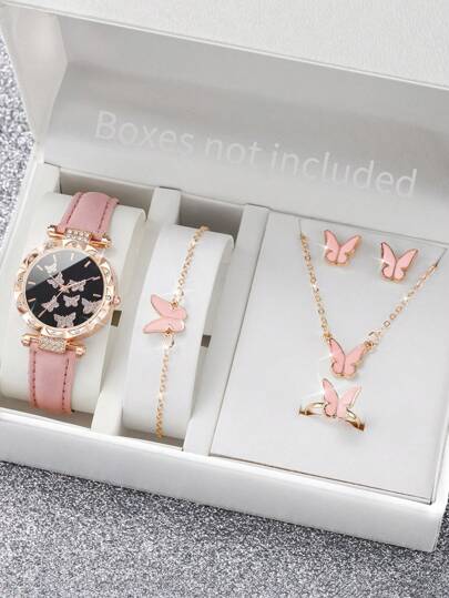 Set de 6 relojes de pulsera de cuarzo elegantes para mujer con esfera de mariposa y juego de joyas, sin caja de reloj incluida