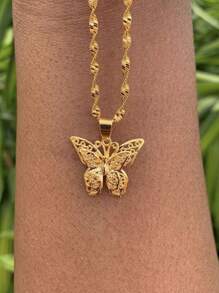 1 件装女士蝴蝶项链不锈钢水波链颈链吊坠项链蝴蝶珠宝礼物 - 彩色 - 查看 7