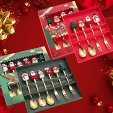 طقم ملعقة عيد الميلاد من الفولاذ المقاوم للصدأ 6 قطع، طقم ملعقتي وشوكة عيد ميلاد بتصميم طبق الحلوى