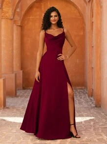 MOEVIO 性感吊带心形领口垂褶开衩露背正式婚礼宾客派对礼服，适合新娘送礼会、生日、毕业典礼等场合，女士奢华晚礼服，女士生日装，秋季返校季连衣裙，春季优雅 - 酒紅色 - 查看 11