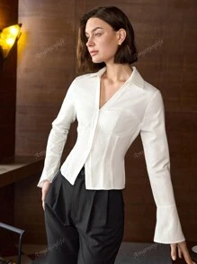 Women's Solid Color Single-Breasted Long Sleeve Shirt, Old Money Style Top, Summer