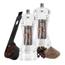 2 Packs Acrylic Salt And Pepper Mill With 2-In-1 Clean Brush, Manual Pepper Mill And Salt Shaker With Adjustable Coarseness And Ceramic Grinding Burr, Used For Pepper, Cumin, Sea Salt, Dry Pepper, Kitchen Gadgets For Home, Restaurant, Camping