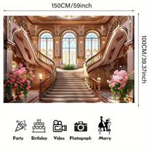1 pièce Toile de fond de bannière en polyester avec un escalier de château luxueux et des fleurs, parfaite pour un photobooth, un anniversaire, une fête, des fournitures et une décoration pour les vacances, convient pour une utilisation intérieure et extérieure