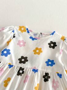 女童彩色花卉印花休闲舒适可爱连衣裙，夏季 - 白色 - 查看 3
