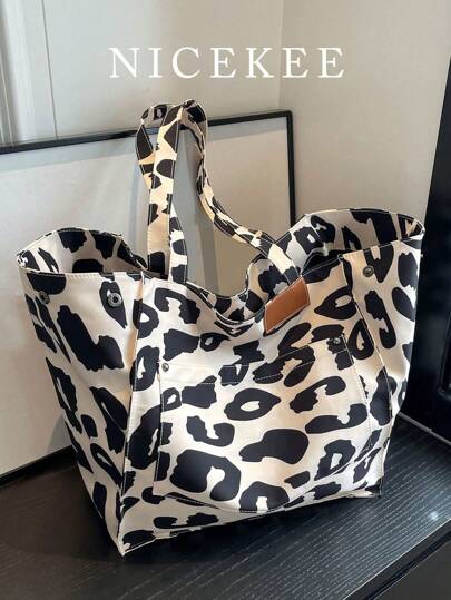 Fashion Large Capacity Women's Handbag, Versatile And Practical, Random Cow Print Shoulder Bag High-End Casual Canvas Shoulder Bag Fashionable Leopard Print Handbag Women's Casual Handbag Convertible Tote Bag, Suitable For Office, University, High School, Work, Business, Commuting, Beach And Other Occasions