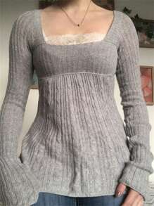 Women Fairy Grunge Loose Babydoll Sweater Cable Knit Flowy Peplum Tops Long Sleeve Square Neck Solid Color Loose Fit T-Shirts Sweaters 90S Harajuku Vintage Streetwear Aesthetic Clothes - 灰色 - 查看 1