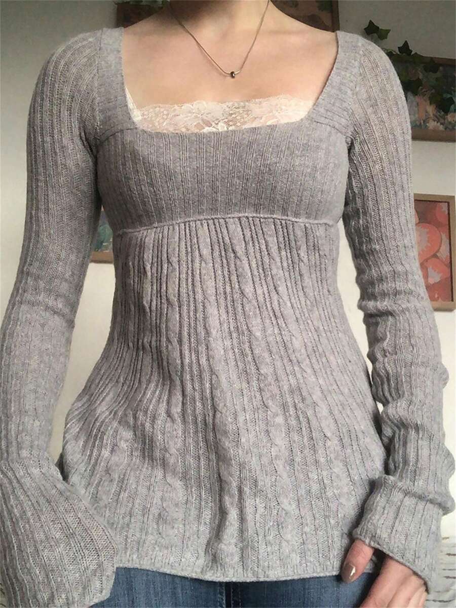 Women Fairy Grunge Loose Babydoll Sweater Cable Knit Flowy Peplum Tops Long Sleeve Square Neck Solid Color Loose Fit T-Shirts Sweaters 90S Harajuku Vintage Streetwear Aesthetic Clothes - 灰色 - 查看 1