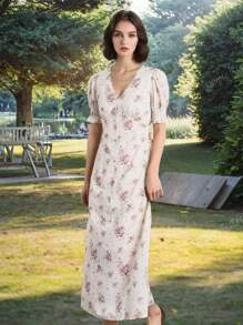 Simple Retro Women's Spring And Summer Resort Style V-Neck Puff Sleeve Floral Elegant Retro Elegant Slim Maxi Dress