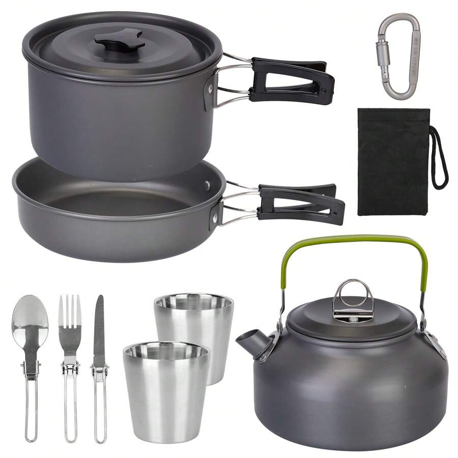 Camping Cookware Set Of 12 Camping Stove Aluminum Pot Pans Kit With Cup Fork Spoon Knife For Hiking Picnic Outdoor - Grey - View 1