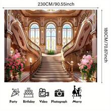 1 pièce Toile de fond de bannière en polyester avec un escalier de château luxueux et des fleurs, parfaite pour un photobooth, un anniversaire, une fête, des fournitures et une décoration pour les vacances, convient pour une utilisation intérieure et extérieure
