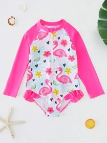 Young Girl Cute Flamingo Print Long Sleeve Rash Guard Swimwear - Red and White - View 1