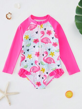 Costumi da bagno a maniche lunghe per ragazze con stampa carina di fenicotteri