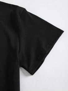 舒适“我爱我英俊的老公”标语印花短袖圆领涤纶混纺针织睡衣 - 多功能女士T恤睡裙 - 黑色 - 查看 4