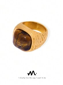 MiDuoDuo 1pc MiDuoDuo Cross-Border Luxury Retro Natural Tiger Eye & Rose Quartz Ring, Fashion Lady Daily Ring