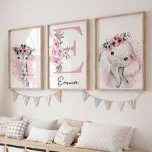 3pcs/Set, Custom Name Animal Wall Art, Personalized Jungle Animal Art Set, Custom Poster Printing, Theme Room Decoration - Set Of 3 Pink Animal Posters - Personalized Birth Gift - Custom Flower Initial Wall Art Gifts Birthday Graduation,Multi-Functional, Anti-Mold,Ornamental,Reusable,Comfortable,Stylish,Fashionable,Adorable,Tidy,Colorful,Custom,Personalized,Unique,Ideal Gifts For Him,Ideal Gifts For Her,Her,Girlfriend,Dad,Boyfriend,Family,Mom,Friends,Son,Daughter,Home,School,Dining Room,Living Room,Bedroom,Tea Room,Office,Graphic Print