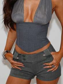 Summer Street Style Leg-Lengthening Fashion Versatile Elegant Simple Low-Waist Button Shorts - Grey - View 5