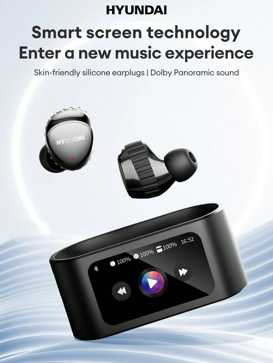HYUNDAI 现代 SpaceAipro 智能蓝牙耳机,半入耳式,多功能,全彩 LCD 屏幕,触摸控制,电池寿命长,通话噪音消除,高品质音乐,内置迷你游戏,遥控器,低延迟游戏,舒适的硅胶无线耳塞 - 彩色 - 查看 1