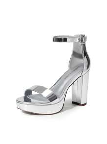 Women Platform Chunky High Heeled Sandals Ankle Strap Open Toe 4-Inch Block Heels Dress Shoes For Wedding Party Evening - 銀色 - 查看 4
