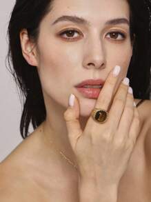 MiDuoDuo 1pc MiDuoDuo Cross-Border Luxury Retro Natural Tiger Eye & Rose Quartz Ring, Fashion Lady Daily Ring