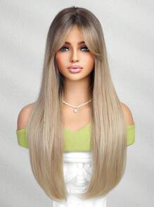 Peluca larga y recta de 26 pulgadas de alta calidad con degradado ombre y flequillo, hecha de fibra sintética resistente al calor, adecuada para festivales, fiestas, viajes y uso diario de mujeres - Degradado - Ver 5