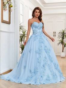 Vestido de quinceañera de tul azul bebé con apliques de flores 3D, vestido de bola con escote de corazón sin mangas, con cordones, vestido de fiesta de cumpleaños, vestido de invitada de boda, vestido de gala, vestido de noche - Celeste - Ver 6