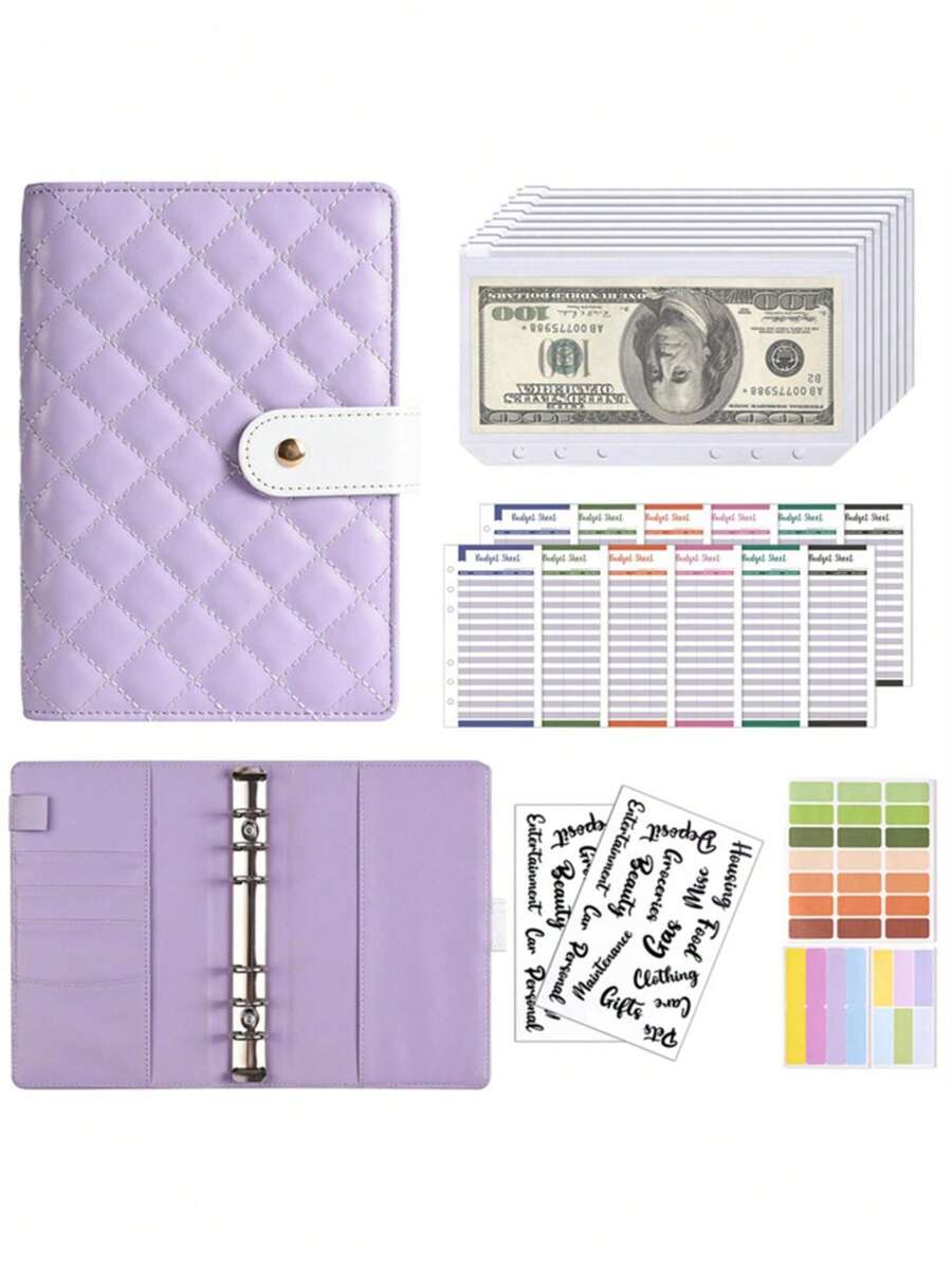 1 Set A6 PU Leather Loose Leaf Notebook, 6-Ring Budget Notebook, Fashion Design, Multifunctional Personal Planner, Cash Budget Folder, Complete Financial Planner, Expense Tracker, Savings And Budget - Multicolor - View 1