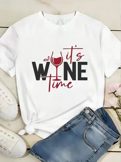 Wine Glass Print Letter Graphic Loose Casual Round Neck T-Shirt
