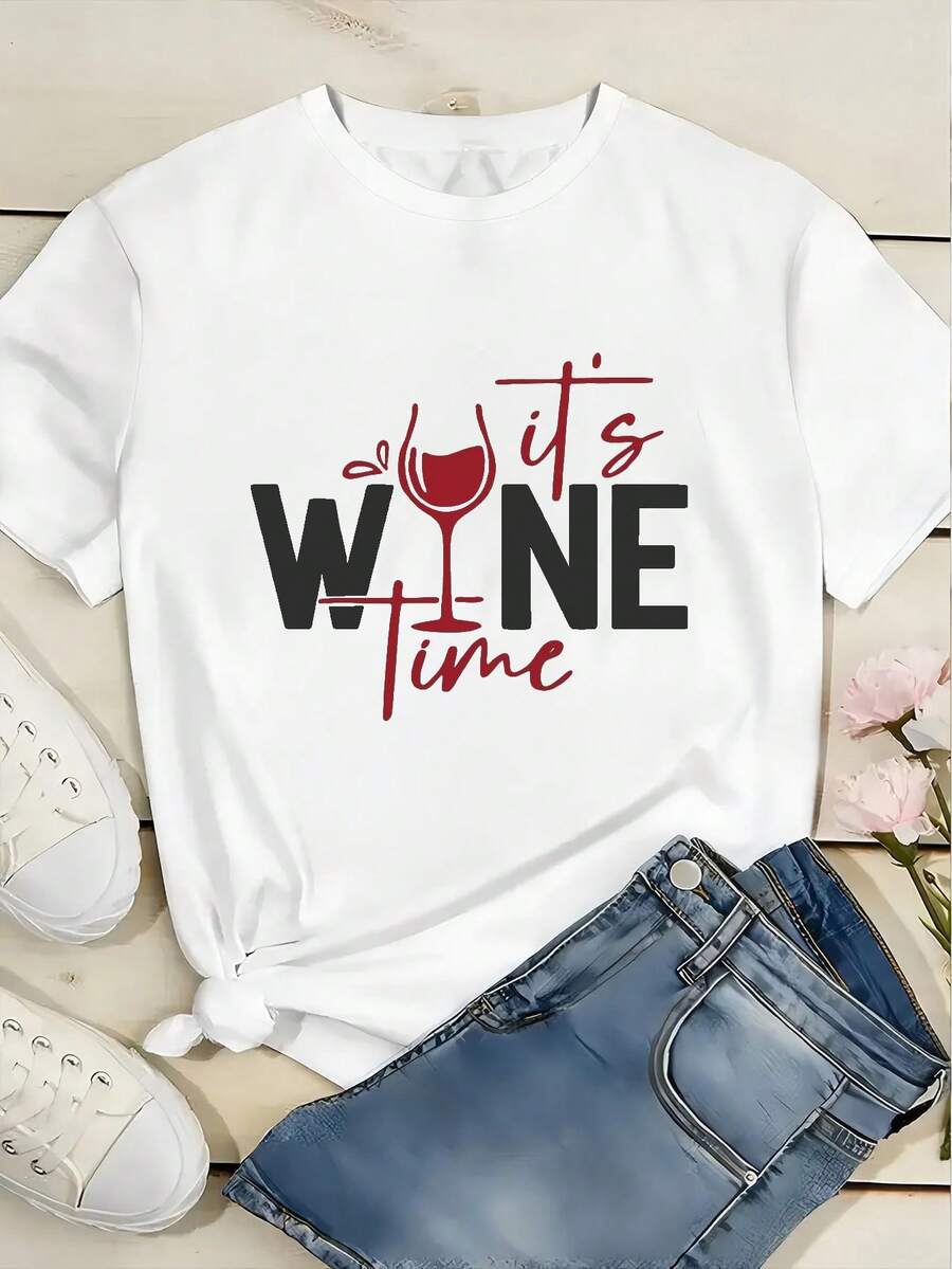 Camiseta de cuello redondo holgada y casual con gráfico de impresión de copa de vino