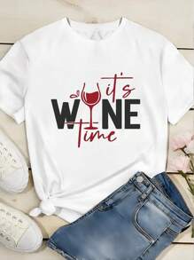 T-shirt casual ample à col rond avec imprimé de verres à vin et lettres