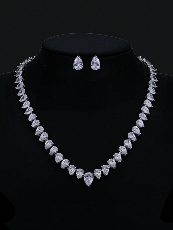 1 Set Of 3pcs Luxury Cubic Zirconia Water Drop Shape Necklace And Earrings Wedding Jewelry Set, Match With Wedding Dress, Party And Wedding Accessories