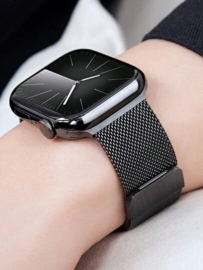 1条男女通用时尚黑色米兰尼斯表带，兼容 44mm、40mm、41mm、45mm、42mm、46mm、38mm、Ultra 3、2、1、49mm，磁吸式不锈钢表带，奢华表带，兼容Series 11、10、9、8、7、SE、6、5、4、3、2、1，时尚智能手表表带