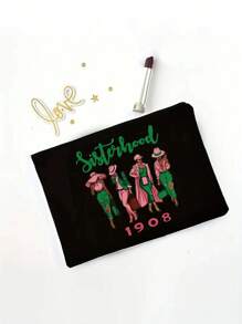 1908 经典大容量帆布手提包及配套化妆包套装：多功能通勤手提包，姐妹印花手提包，轻便旅行沙滩包 - 黑色 - 查看 5