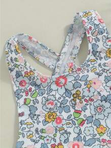 Traje de baño de verano para niñas pequeñas, sin mangas, con espalda cruzada, estampado floral y volantes - Azul - Ver 4