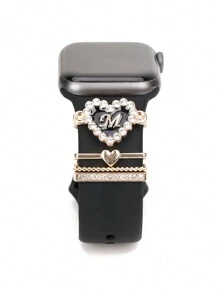 4Pcs/ Set Of Heart Alloy Alphabet Strap Charms Compatible With Apple Watch Band Accessories Decoration For Smart Watch Band Series Charms