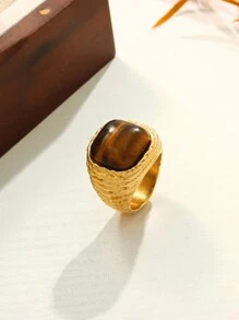MiDuoDuo 1pc MiDuoDuo Cross-Border Luxury Retro Natural Tiger Eye & Rose Quartz Ring, Fashion Lady Daily Ring