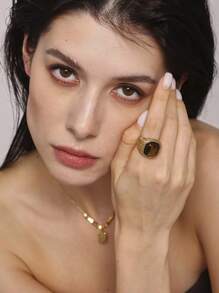 MiDuoDuo 1pc MiDuoDuo Cross-Border Luxury Retro Natural Tiger Eye & Rose Quartz Ring, Fashion Lady Daily Ring