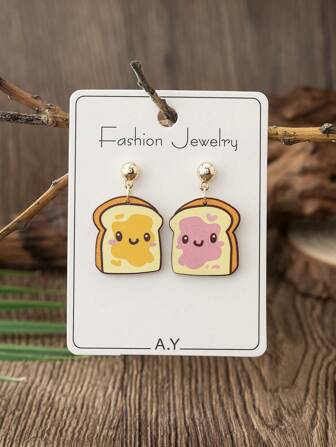 1 Pair Women's Wooden Food Series Earrings, Cute Bread Design, Lightweight, Suitable For Daily Wear, All Season Gift