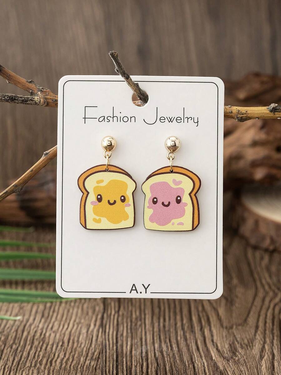 1 对女士木制食物系列耳环，可爱的面包设计，轻巧，适合日常佩戴，四季礼物