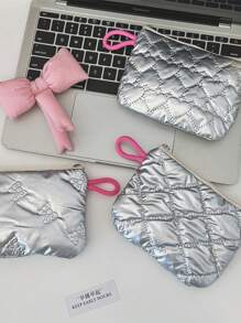 Rhombus Silver Heart & Bow Coin Purse, Cute Clutch Makeup Pouch, Portable Sanitary Napkin Bag, Suitable For Daily Use - Women Fashion Accessory - Multicolor - View 3