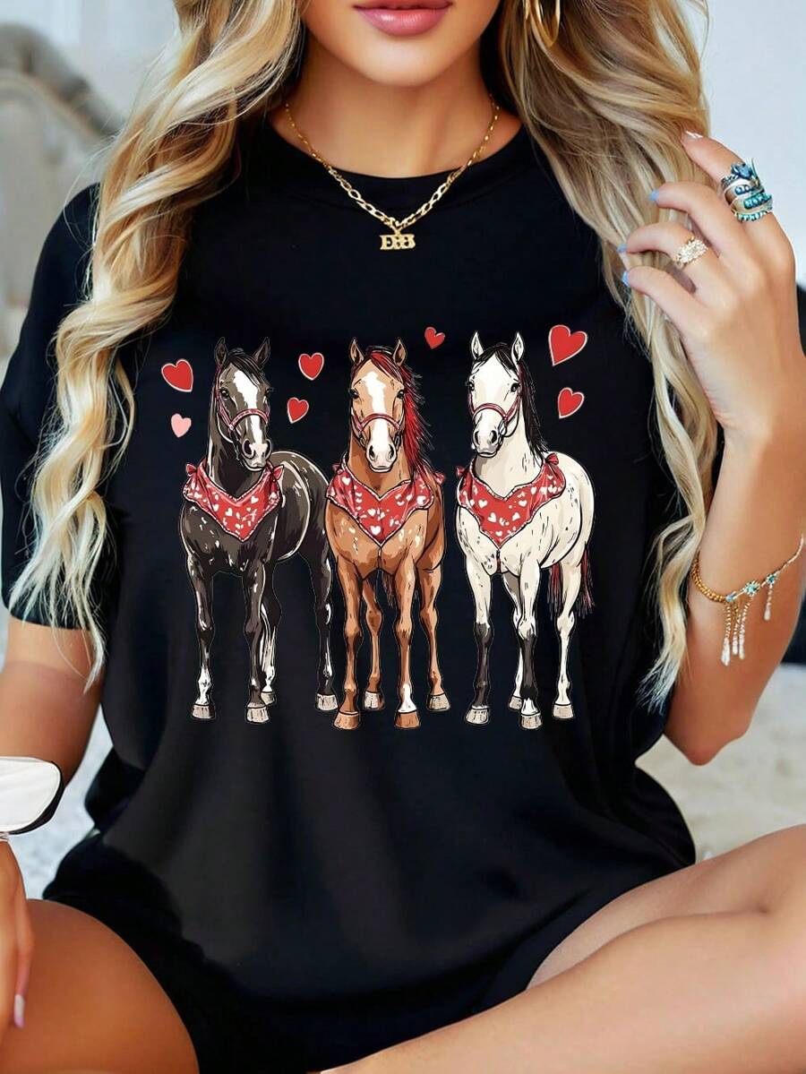 Horse Valentine's Day Heart Pattern Shirt T-Shirt Soft Breathable Comfort-Fit Crew Neck Tee For Women - 黑色 - 查看 1