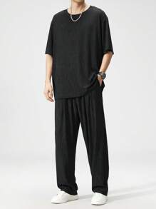 男士加大码冰丝短袖睡衣套装，圆领冰丝上衣和直腿休闲长裤，舒适服装 - 黑色 - 查看 2