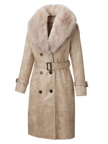 Women's Faux Leather Jacket Winter Long Parka Retro Warm Coat With Fur Trim - Beige - View 3