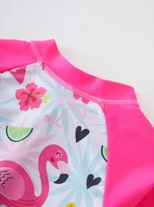 Young Girl Cute Flamingo Print Long Sleeve Rash Guard Swimwear - Red and White - View 6